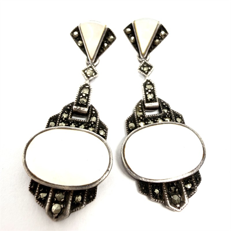 Stříbrné Art deco náušnice s perletí a markazity