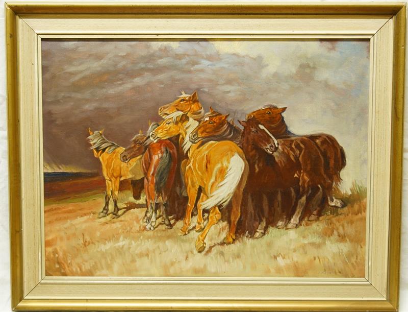 Stádo koní před bouří, sign. J.BUBÁK olej na plátně
