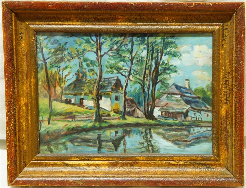 Chalupy na břehu rybníka, Karel NĚMEC 1938 olejomalba