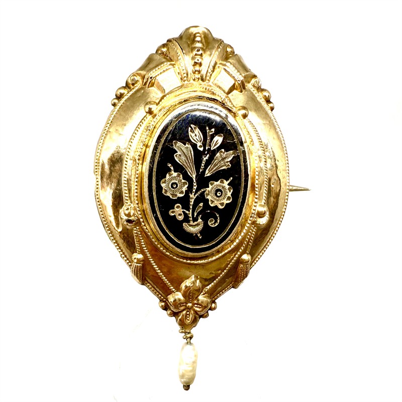 Zlatostříbrná biedermeier brož se smaltem a perlou