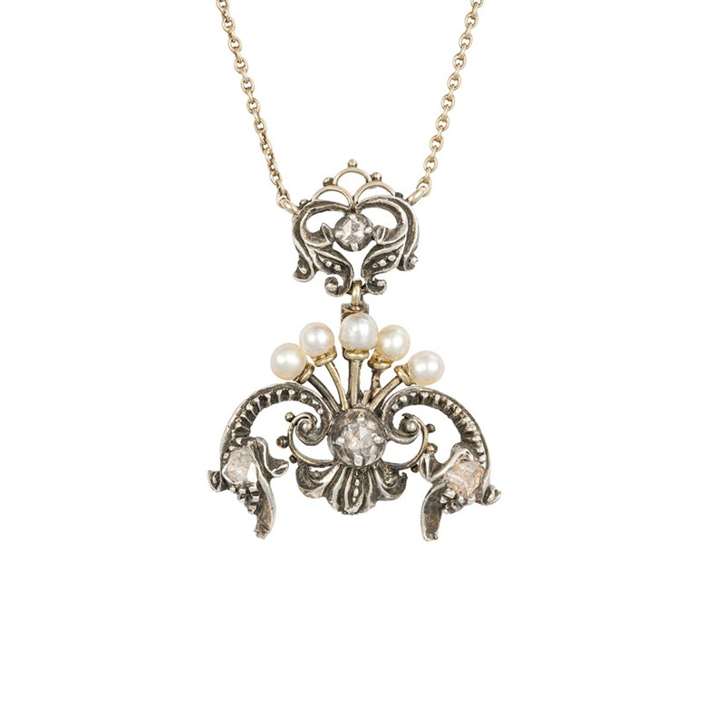Starožitný náhrdelník s přírodními diamanty a perlami