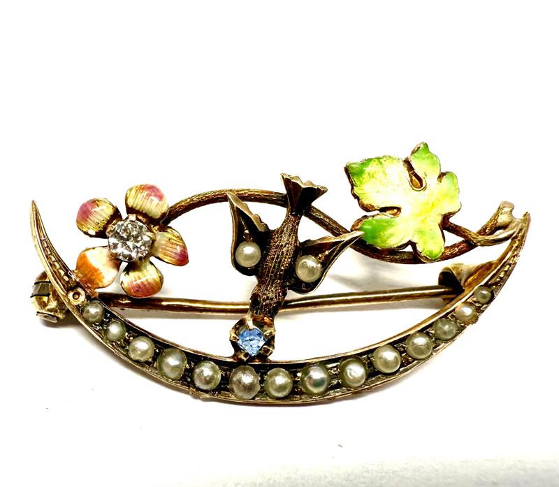 Malebná zlatá brož se smalty, briliantem a říčními perlami