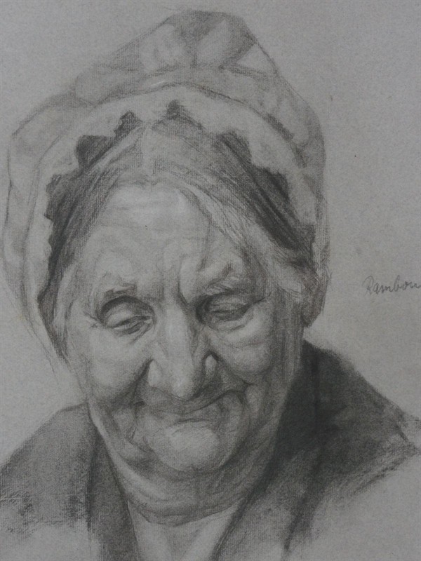 JAN RAMBOUSEK - PORTRÉT staré ženy, kresba