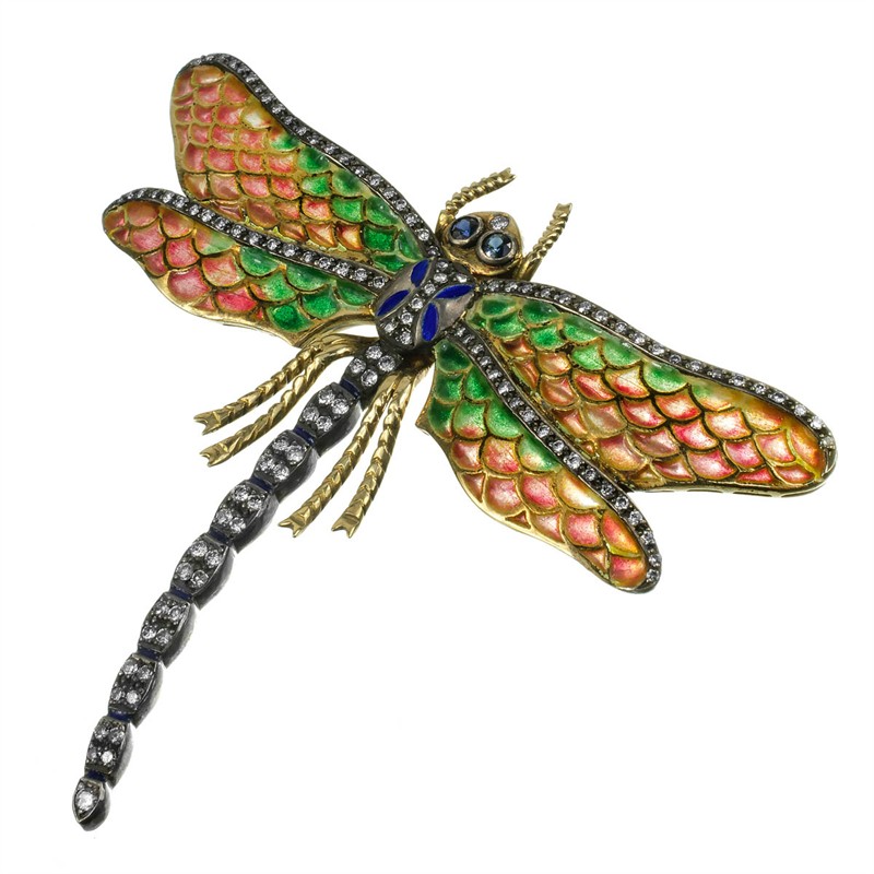 Zlatá brož ve tvaru vážky zdobená smalty a drahými kameny