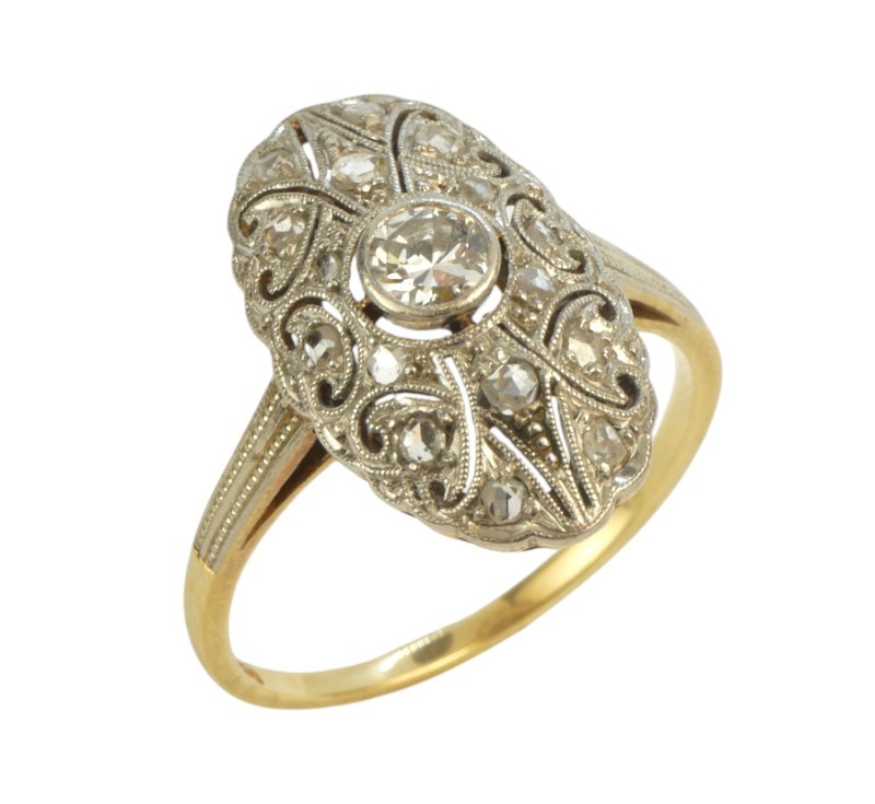 Starožitný Art deco zlatý prsten s diamanty