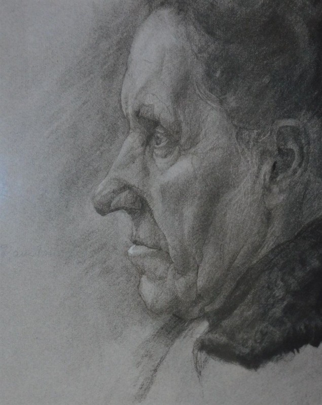 JAN RAMBOUSEK - PORTRÉ staré ženy z profilu, kresba