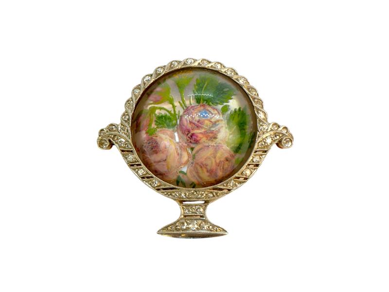 Zlatá malovaná  brož s horským křišťálem a brilianty