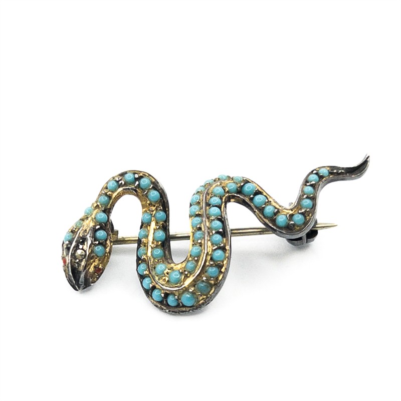 Stříbrná brož s tyrkysy, had