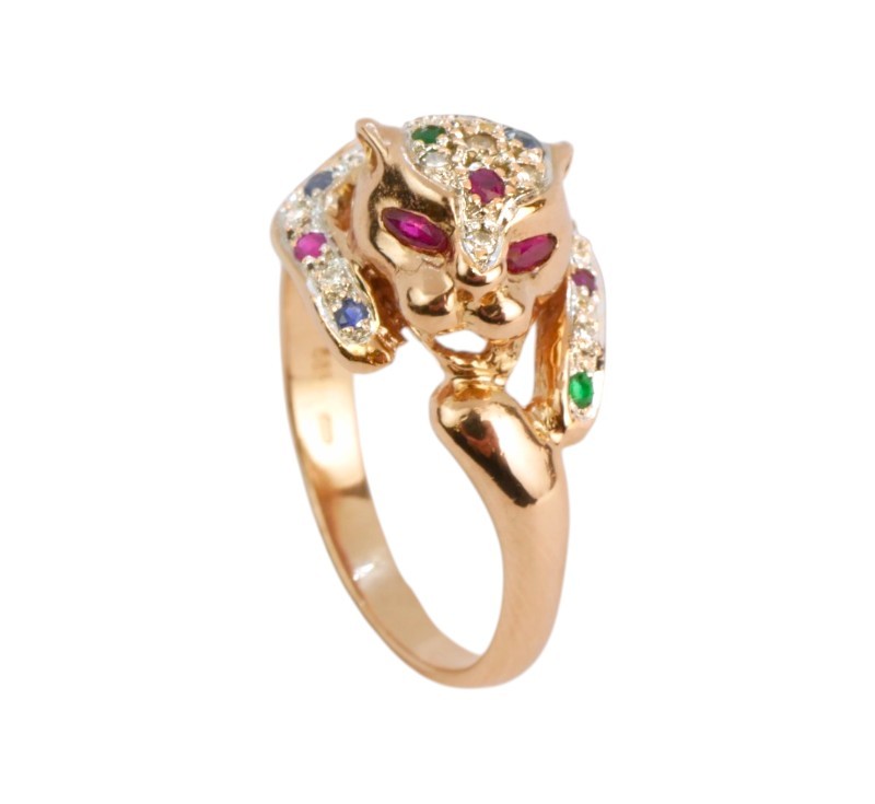 Zlatý prsten  PANTER s diamanty, safíry, smaragdy a rubíny