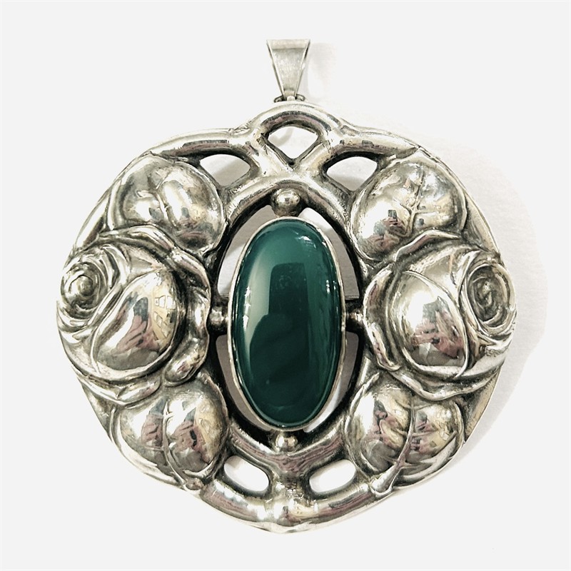 Stříbrná secesní brož/přívěšek s chryzoprasem - DKS