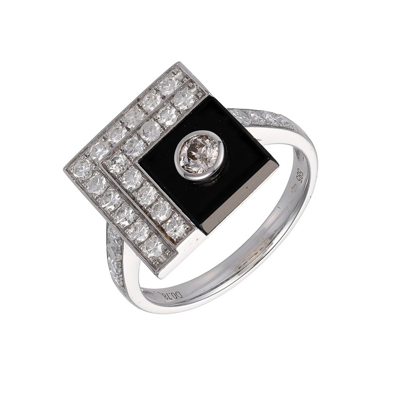 Zlatý prsten s přírodními diamanty 0,80 ct a onyxem