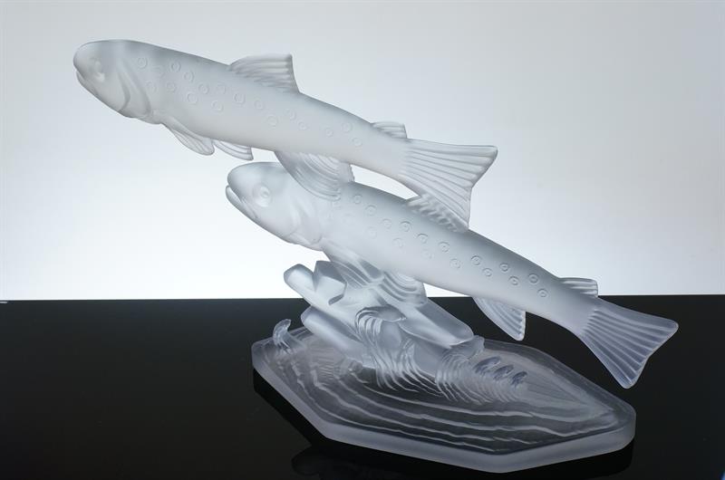 RYBY figurální skleněná plastika, čiré matované sklo