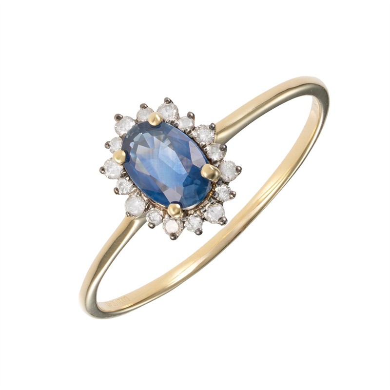 Zlatý prsten s přírodním safírem a přírodními diamanty