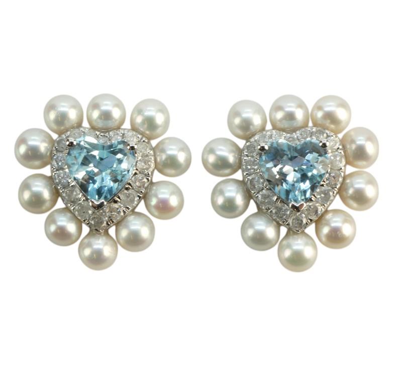 Zlaté náušnice s diamanty topazy a perlami - srdce