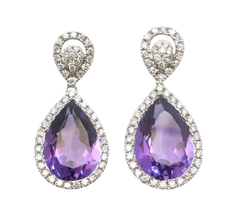 Zlaté náušnice s ametysty a brilianty 0,90 ct