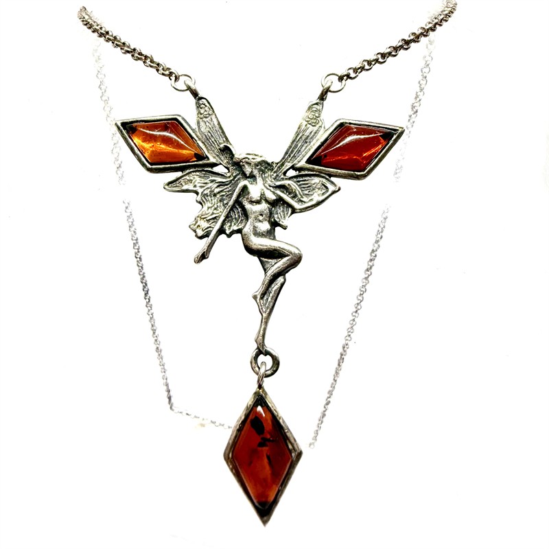 Stříbrný náhrdelník s jantary - víla