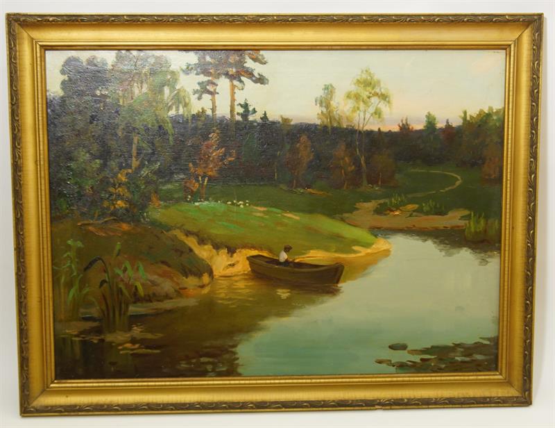 Rybář na loďce v meandru řeky, olejomalba na plátně