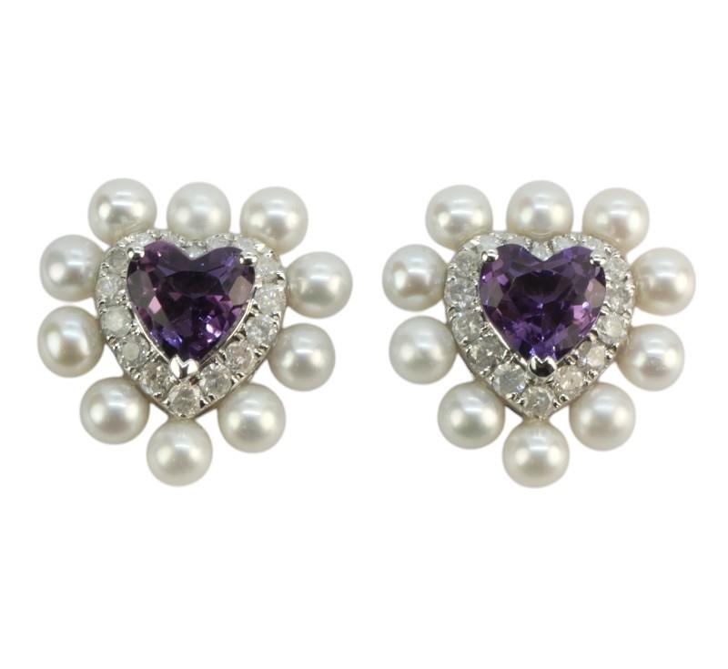Zlaté náušnice s diamanty, ametysty a perlami - srdce