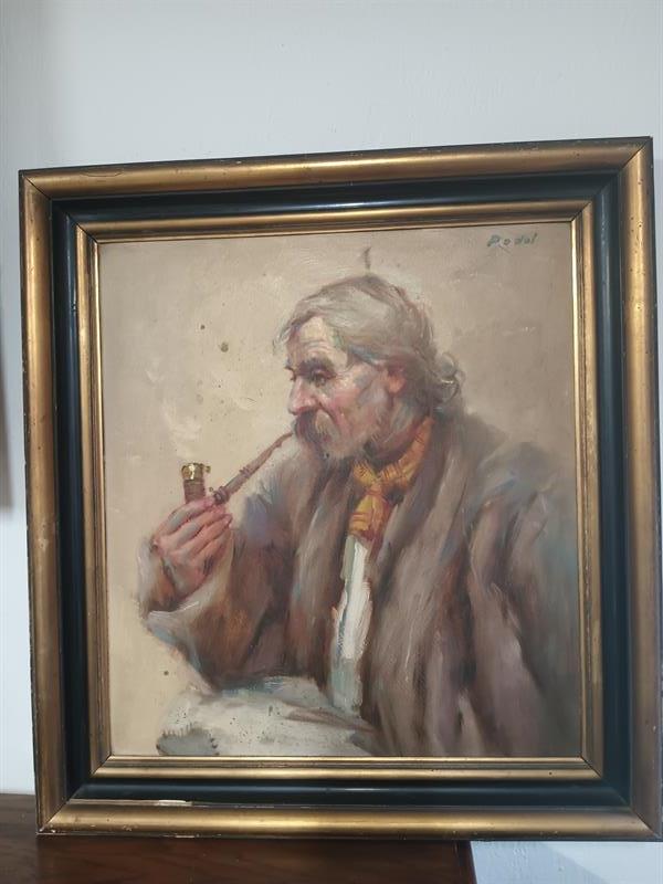 Muž s dýmkou - starožitný olej sign .Podal