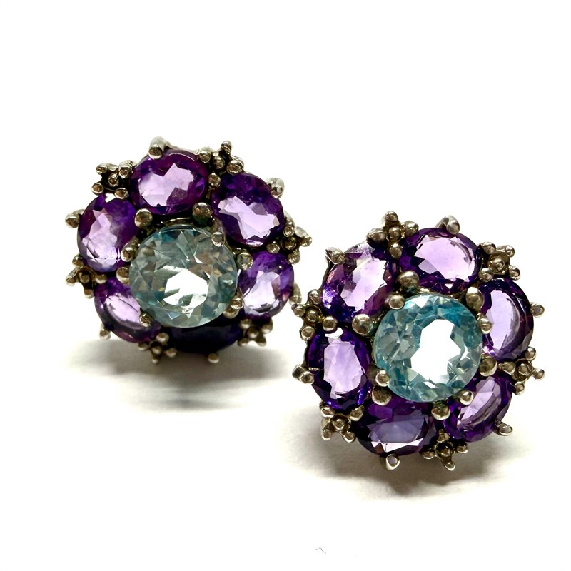 Stříbrné náušnice s ametysty a topazem - květy