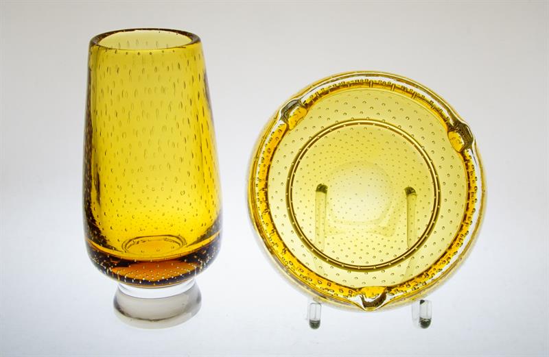 Souprava z hutního ambrového skla dekor bublinek M. METELÁK