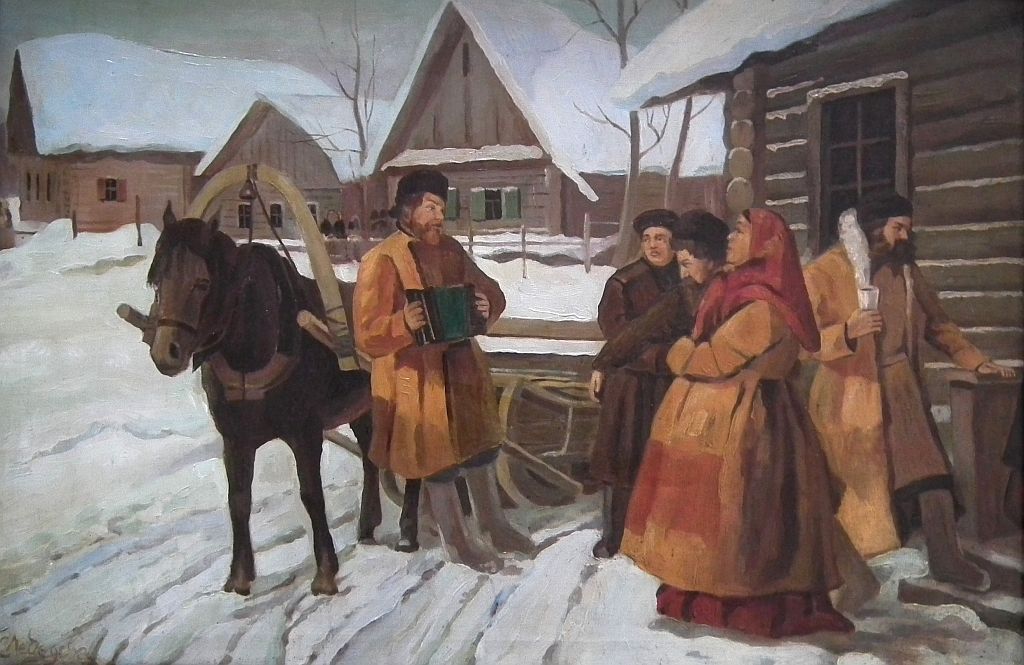 Lebedeva: Ruská vesnice. Signováno azbukou.