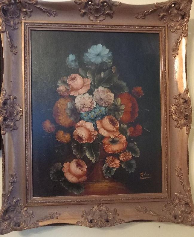 Květiny, olejomalba na plátně v zlatém rámu