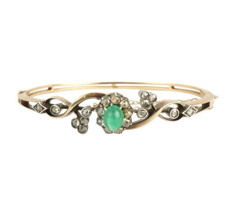 Zlatý secesní náramek s diamanty 0,60 ct a smaragdem