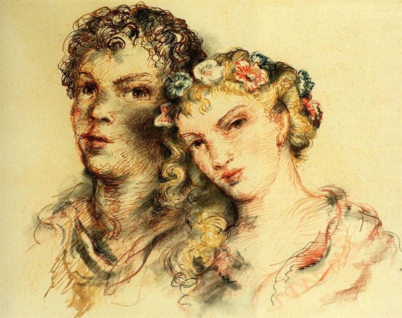 Antonín Procházka - Dvojice, kresba akvarel, tuše