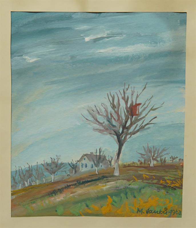 Předjaří v sadu - Miloslav JANKŮ tempera na papíře 1963