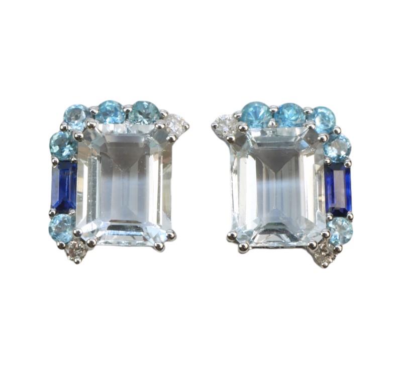 Zlaté náušnice s akvamaríny, topazy, safíry a brilianty
