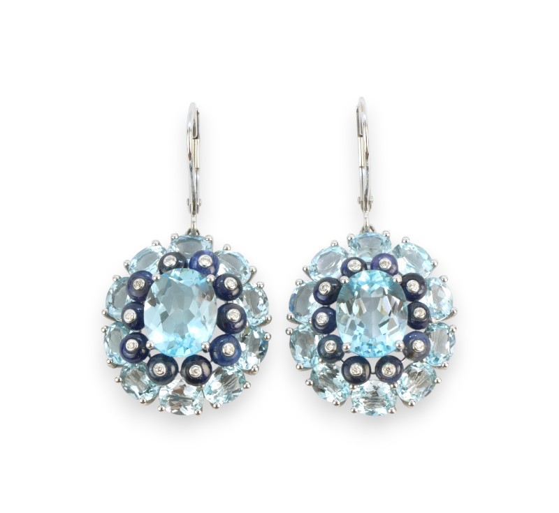 Zlaté náušnice s topazy, safíry a diamanty