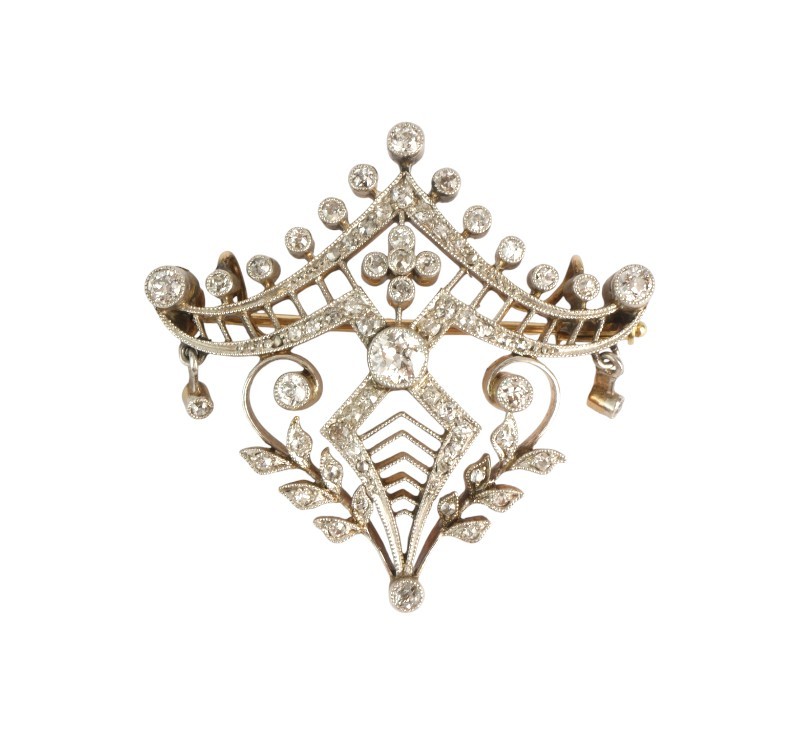 Zlato-platinová secesní brož s diamanty 1,30 ct