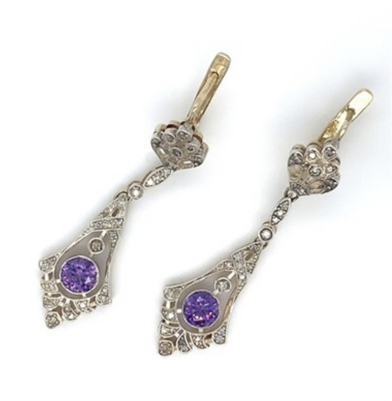 Starožitné náušnice s brilianty a ametystem