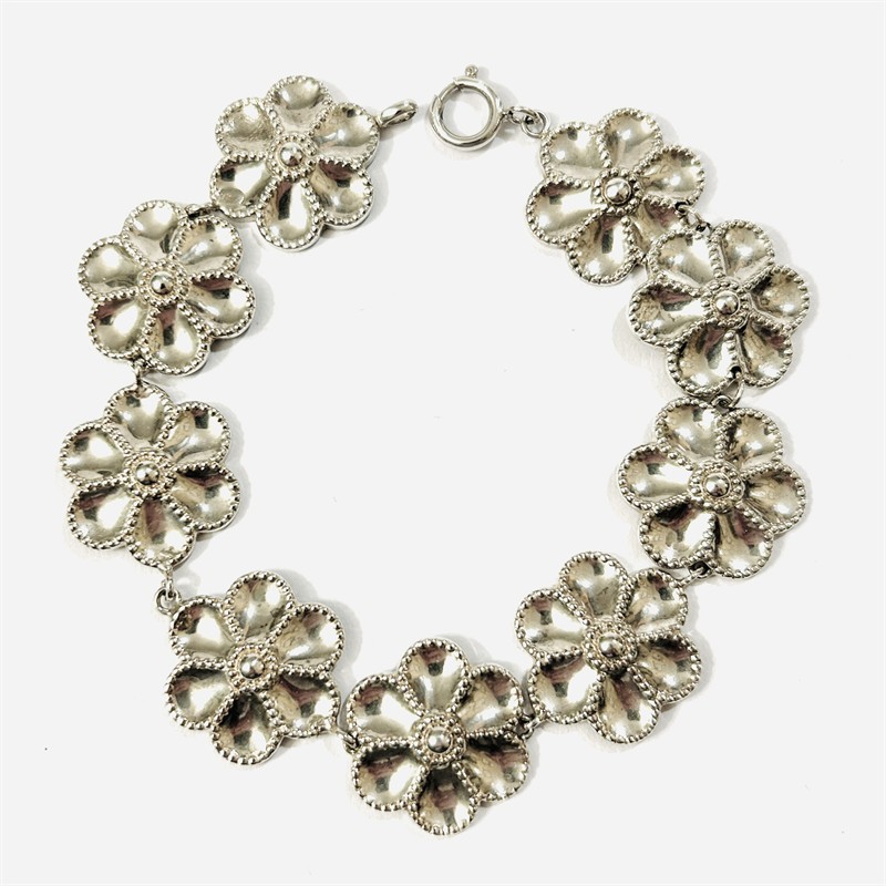 Stříbrný článkový náramek "květy"