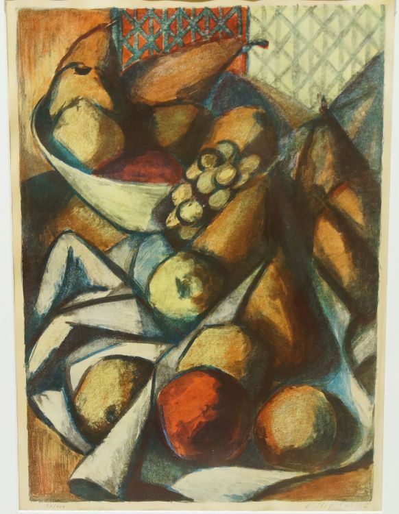 Kubizující zátiší s ovocem Ladislav STEJSKAL, barevná litografie 1965