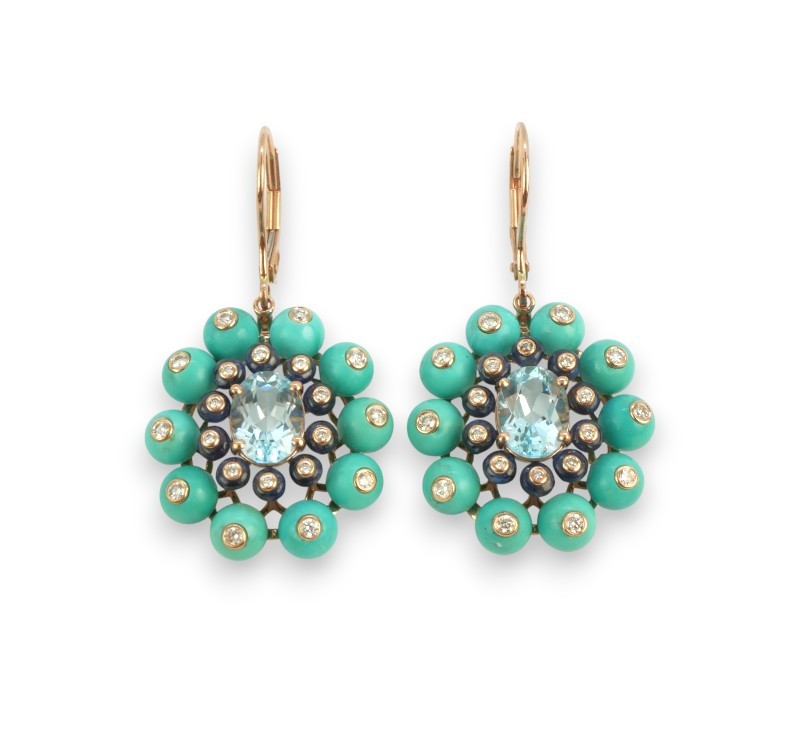 Zlaté náušnice s tyrkysy, topazy, safíry a diamanty