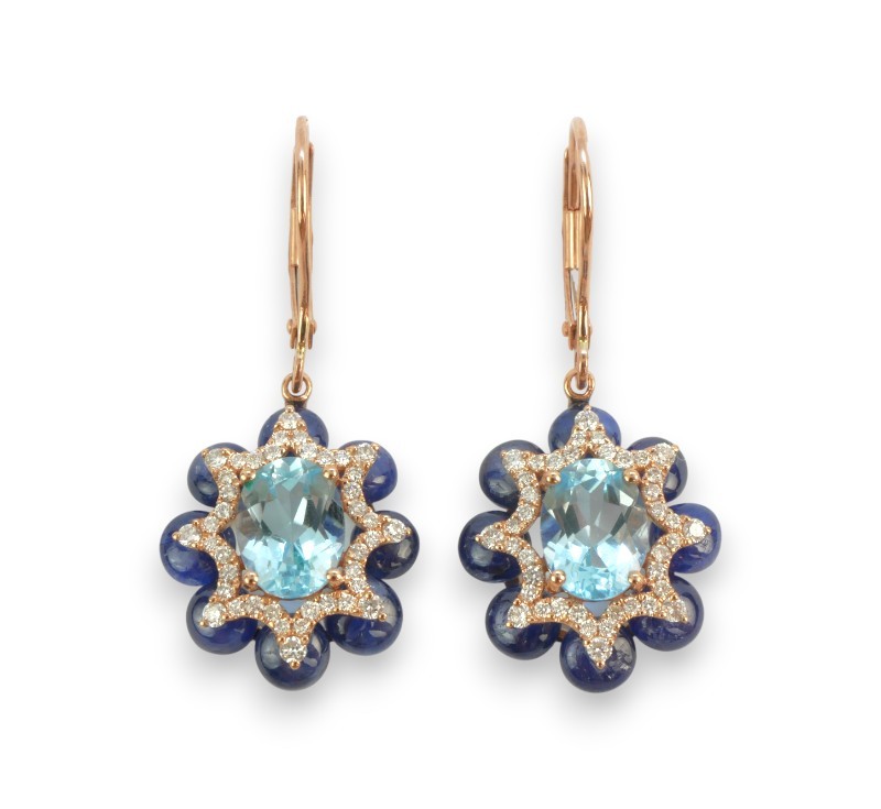 Zlaté náušnice se safíry, topazy a diamanty