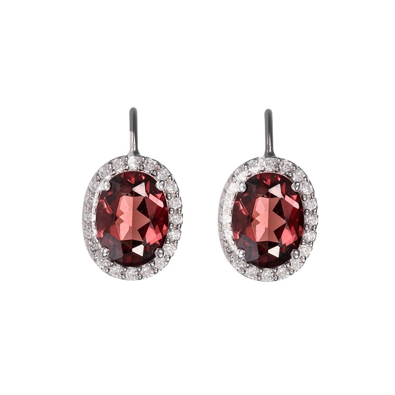 Granátové náušnice z bílého zlata a diamanty 0,24 ct