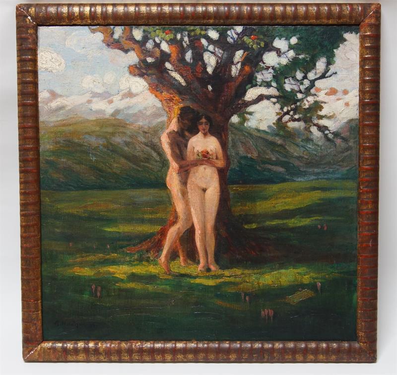 Adam a Eva v zahradě Eden - Artur NIKODEM olejomalba 1930
