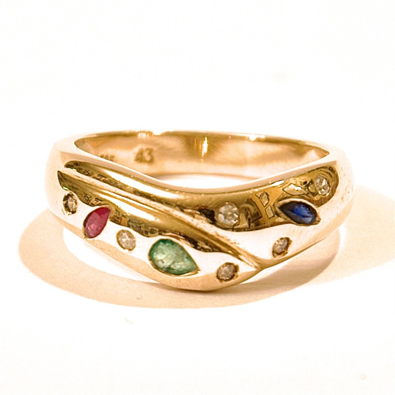 Zlatý prsten s diamanty, rubínem, smaragdem, modrým safírem