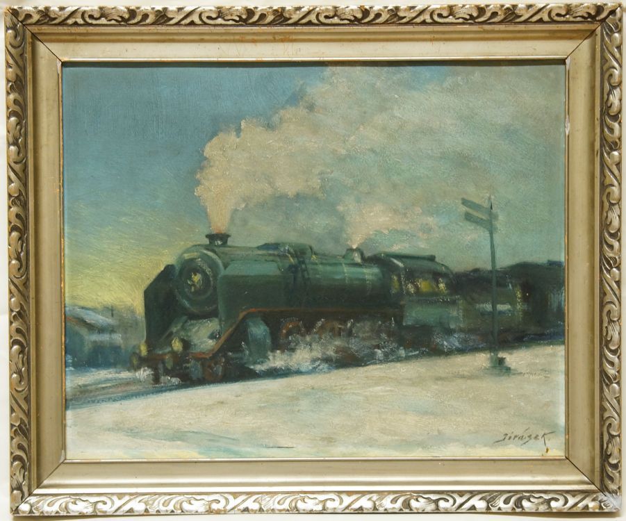 Parní lokomotiva v zimní krajině, JIRÁSEK olejomalba