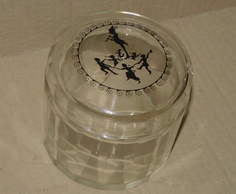 ART DECO SKLENĚNÁ DÓZA, malba švcarclotem