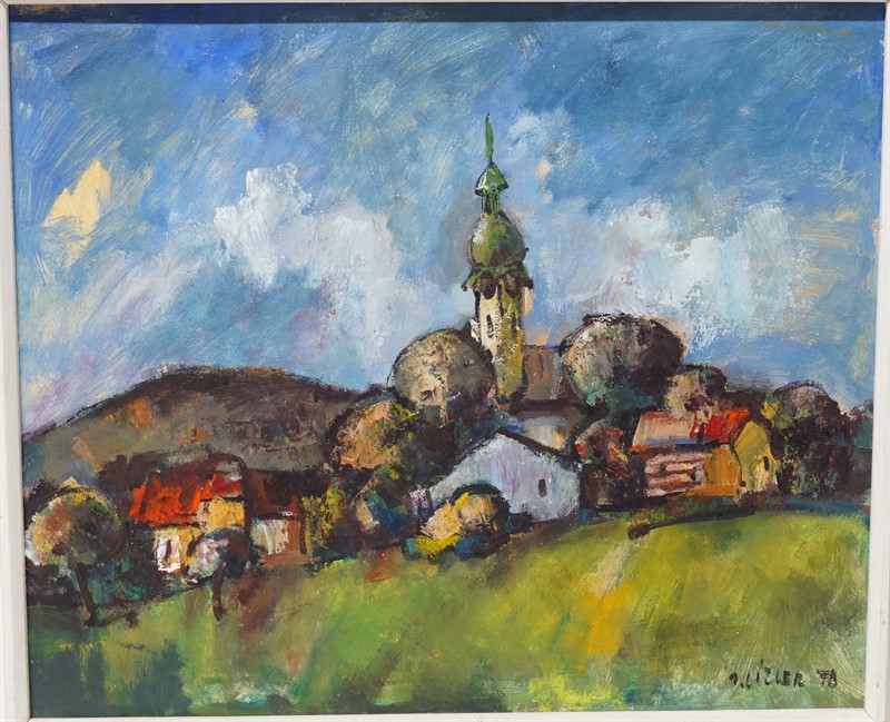 Víska s kostelíkem, olej na desce - Jiří LÍZLER 1978