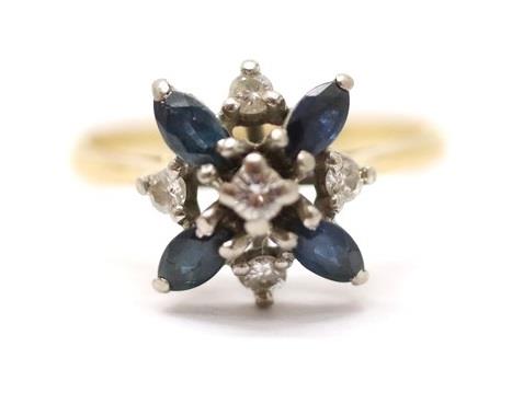 Zlatý prsten s diamanty a safíry