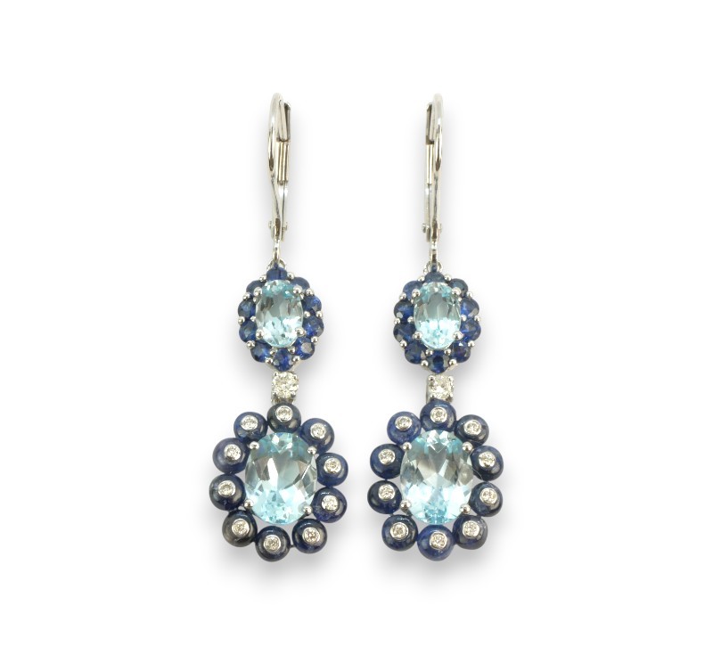 Zlaté náušnice s topazy, safíry a diamanty