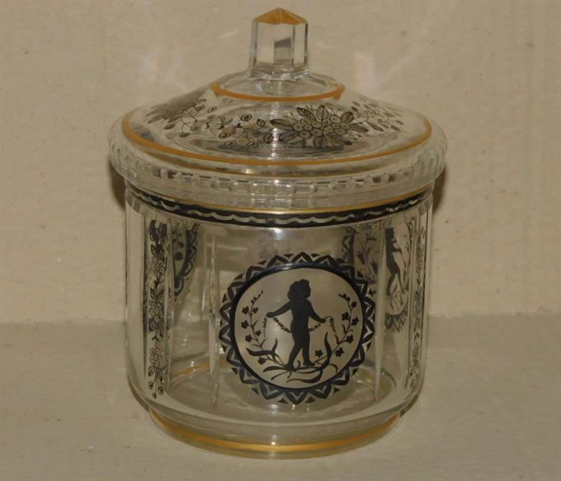 ART DECO SKLENĚNÁ DÓZA, malba švcarclotem