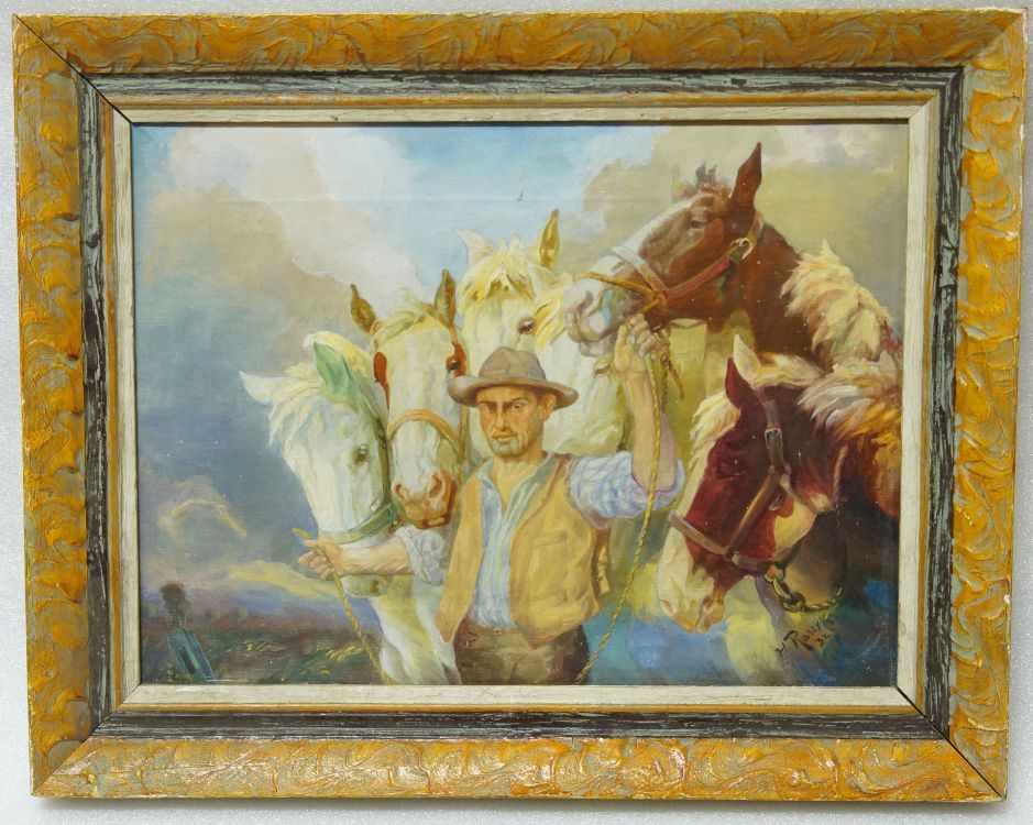 Muž vedoucí šest koní, sign. H. RASZYK 1932 olej na plátně