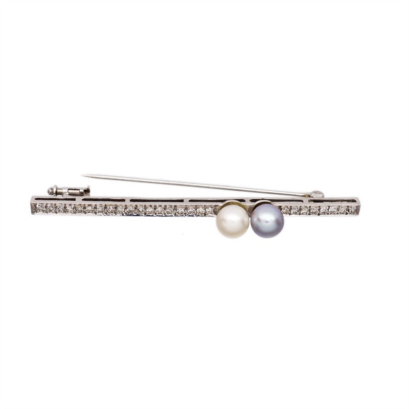 Art deco zlatá brož s přírodními diamanty 0,48 ct a perlami