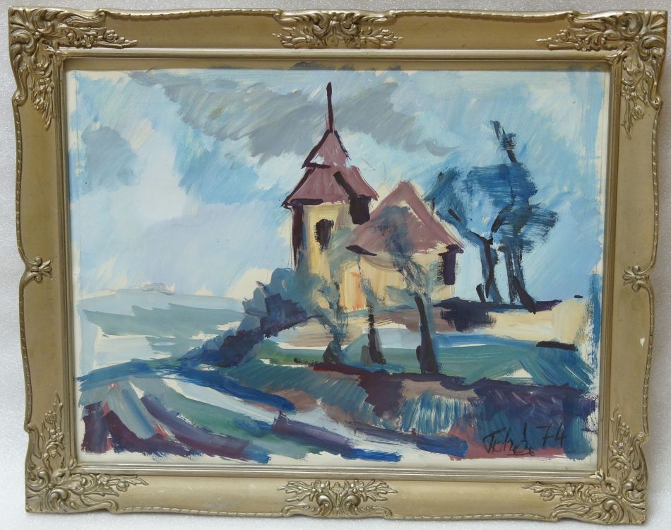 Kostelík na kopci - sign. TICHÁ 1974, tempera